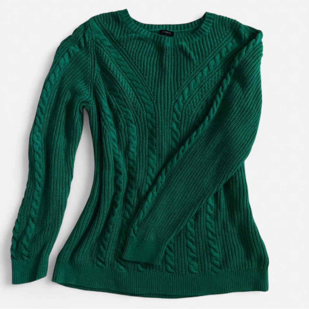 Talbots Emerald Green Cable Knit Sweater Size L Preppy Classic Spring Layer